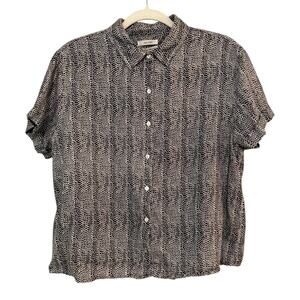 Christian Siriano Linen Animal Mini Print Button Up Short Sleeve Linen Top  M
